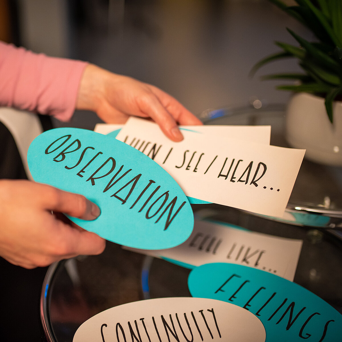Prioritization exercise with cards labeled 'observation', 'continuity'
